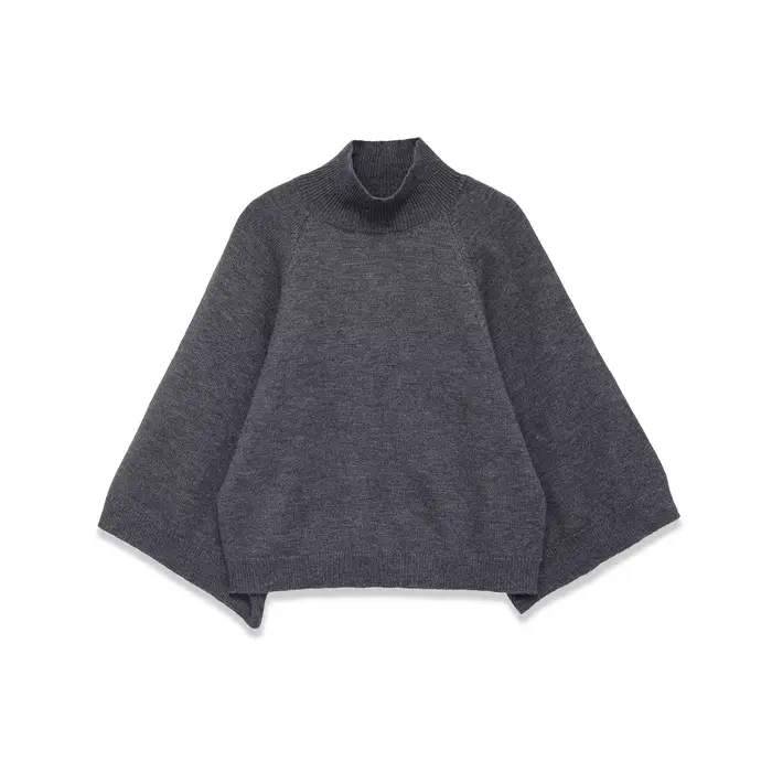 Pull en tricot bleu à manches larges pour femme, pull court à col haut, printemps 2025