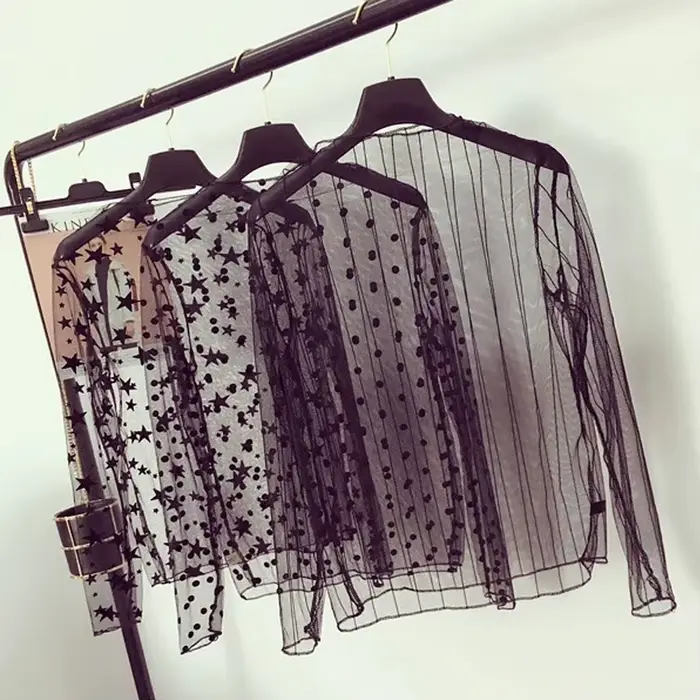 T-Shirts transparents en maille pour femmes, chemisiers à manches longues, t-shirt populaire tout as