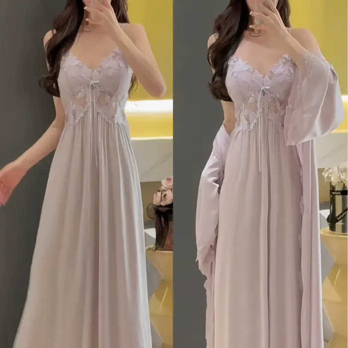 Ensemble de Robe Longue pour Femme, Chemise de Nuit Élégante en Satin Soyeux, Vêtements de Nuit et d'Intérieur, Lingerie Sexy en Dentelle Évidée, Tenue de Détente