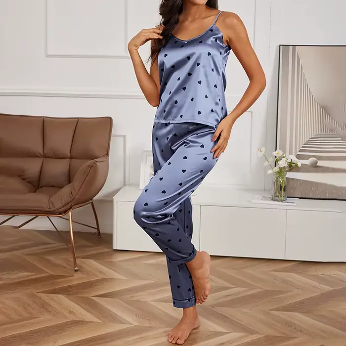 Dámské pyžamo s potiskem srdce, sexy top s výstřihem do V, elastické kalhoty opasek, oblečení na spaní a dámské běžné nošení, 2dílné pyžamo