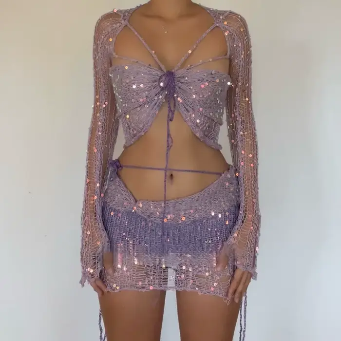 Robe tricotée au Crochet, ensemble jupe deux pièces, vêtements d'hiver pour femmes, haut court Sexy,