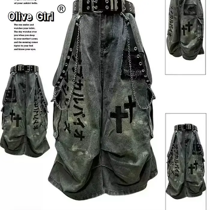 Grande taille crâne croix femmes jean pantalon Denim pantalon américain rétro ambiance jambes larges