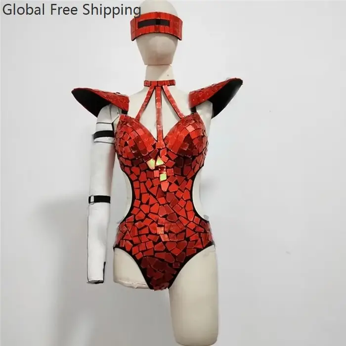Body miroir en polyester pour femmes, costume de danse avec paillettes or argent, épaules volantes, ajouré, tenue rave, vêtements de spectacle gogo occasions spéciales