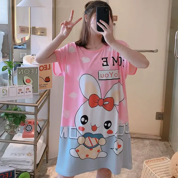 Chemise de nuit à manches courtes pour femmes et filles, chemise de nuit de dessin animé mignon, vêtements de nuit décontractés doux, chemise de nuit d'été, grande taille