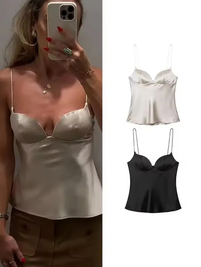 Nouveauté 2026 – Hauts d'été en satin texturé noir pour femme – Élégants débardeurs sexy à col en V