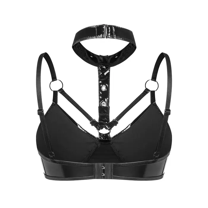 Sexy podprsenka bez zadku pro ženy, bez kostic, bez podšívky, styl bralette, mokrý efekt, lakovaná kůže, prolamovaný bustier