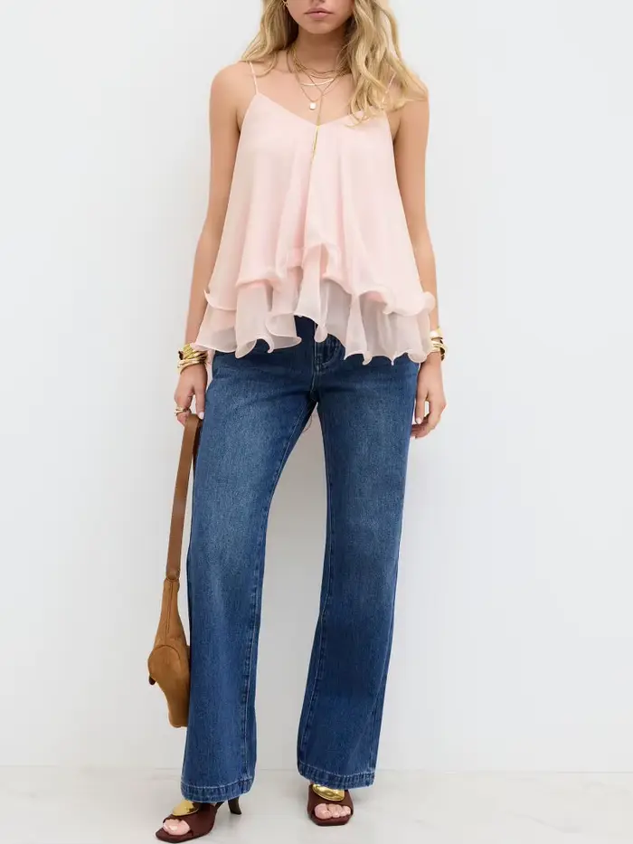 Haut superposé pour femme, style décontracté, épaules dénudées, dos nu, couleur unie, avec volants, 
