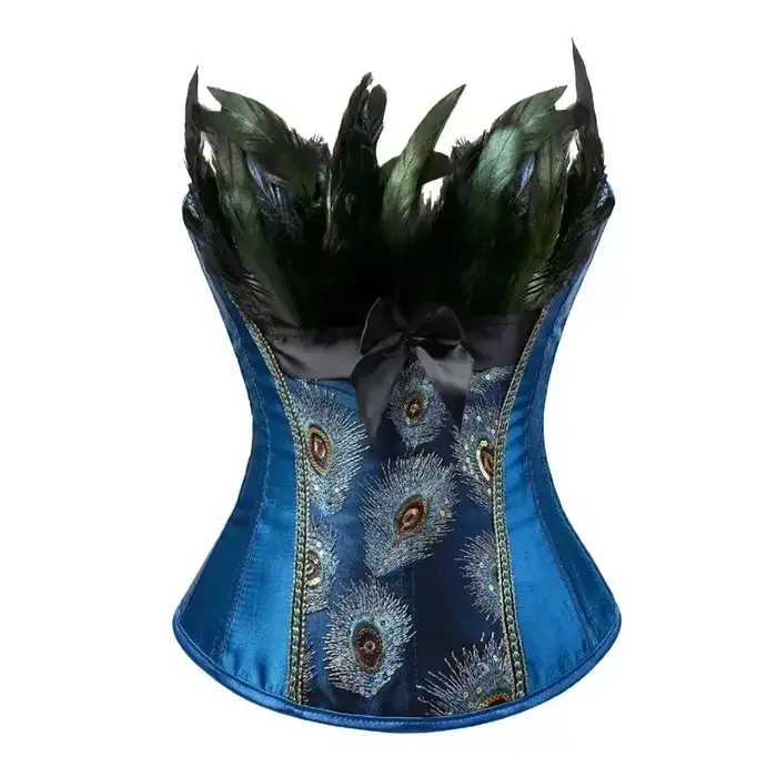Femmes Sexy noir Corset paon plume broderie Vintage bleu Bustier gothique Shaperwear Burlesque surbu