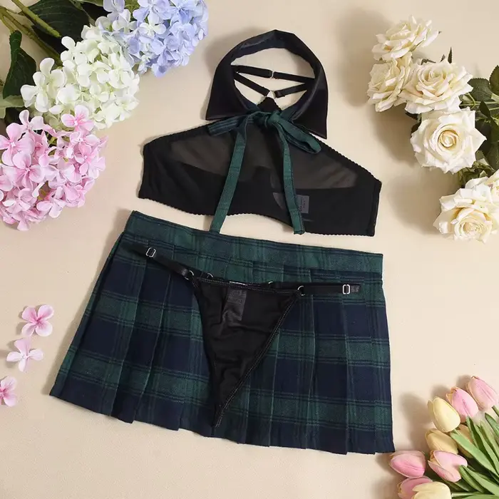 Ensemble de lingerie fantaisie pour étudiants, style cosplay, jupe écossaise verte, soutien-gorge halter ultra sexy, cravate transparente, string et tanga