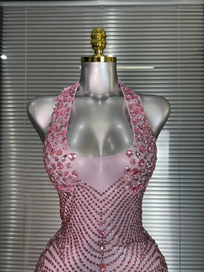 Célébrité nouvelles femmes Sexy rose maille licou scène Performance Costume danseuse chanteur boîte