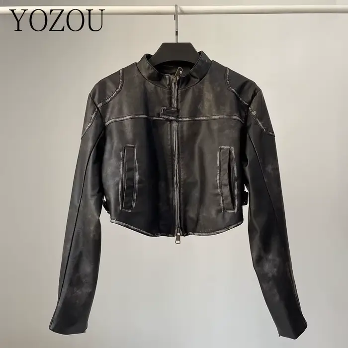 YOZOU-Veste de motard en similicuir PU pour femme, manteau de moto court, fermeture éclair, noir et 