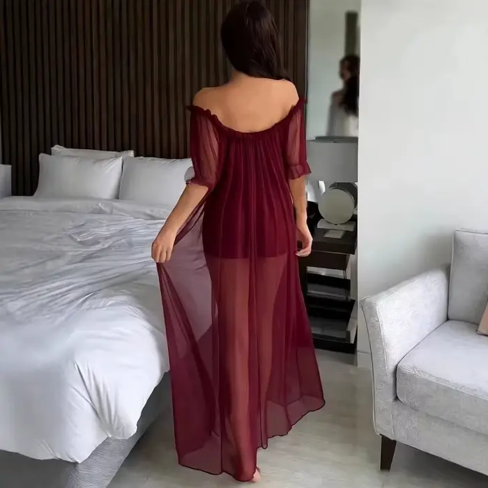 Chemise de nuit élégante transparente à épaules dénudées, col en V à volants, pour femme, en maille à manches courtes