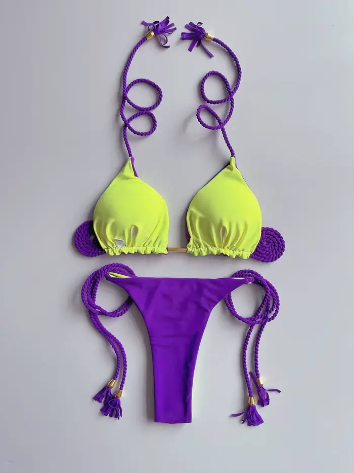 Sexy couleur unie deux pièces Triangle maillots de bain maillot de bain pour femme tressage corde Bi