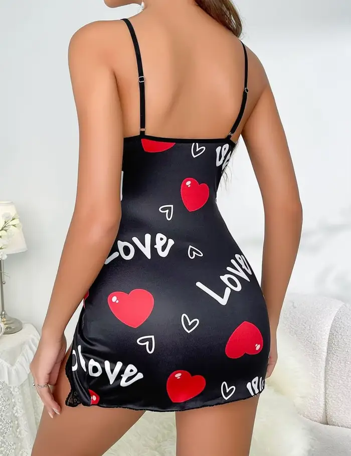 Sexy černá dámská noční košile, potisk červené srdce, láska, krajka, mini košile, ramínko špagety nastavitelné, spodní prádlo, nová kolekce