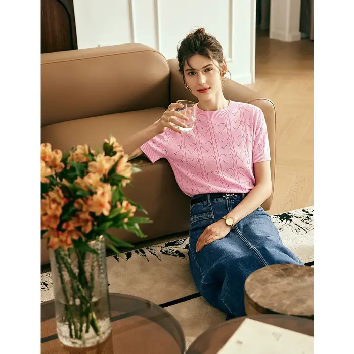 Pull-over OLrain pour femme, collection été 2026, style français, manches courtes, tricoté, col rond