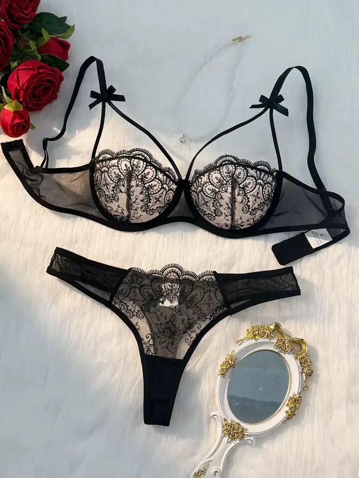 Ensemble de lingerie semi-transparente noir confortable et léger pour femmes, 2 pièces, ZA824057