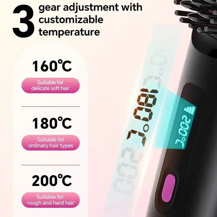 Brosse à lisser les cheveux Rechargeable, peigne ionique à lisser les cheveux, 3 réglages et afficha
