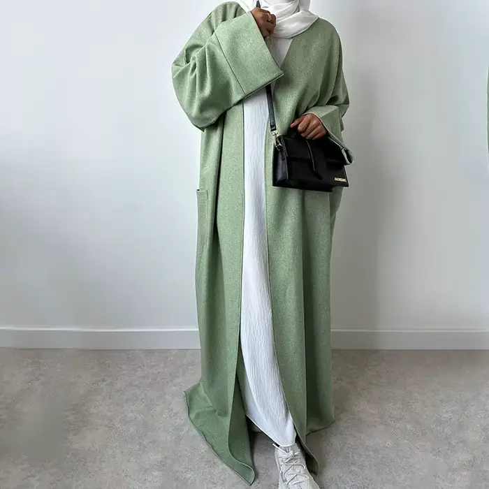 Abaya en lin avec poches pour femmes musulmanes, robe kimono ouverte, vêtements islamiques, modeste,