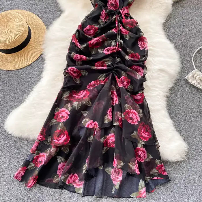 Robe vintage en mousseline de soie, élégante, col en v, à volants, décontractée, taille haute, pour 