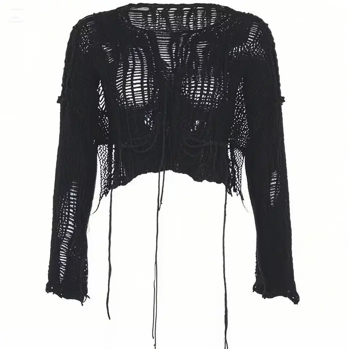 Solide Slash cou Grunge tricoté femmes pull trou déchiré pull haut court Harajuku évider Sexy été pu