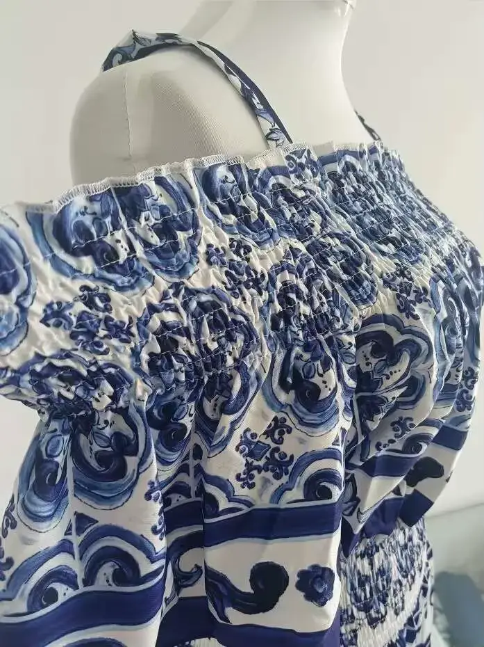 Robe mi-longue en coton bleu et blanc avec imprimé porcelaine pour femme, robe de créateur de piste