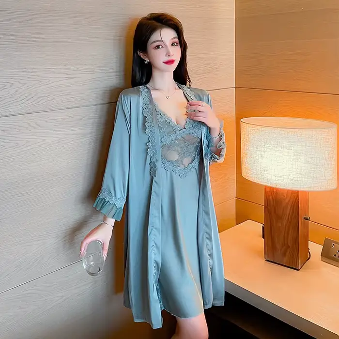 Dámské saténové kimono set, 2 kusy, sexy ležérní noční košile, domácí oblečení, krajka intimní prádlo, župan