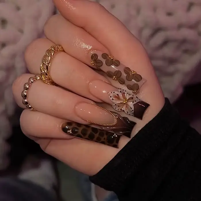 Faux ongles ballerine longs à pression, fleur Serpentine avec strass, faux ongles français, pointes 