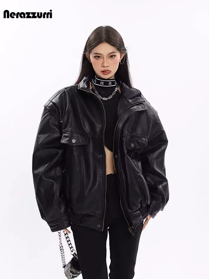 Nerazzurri – veste en cuir Pu noir pour femme, vêtement surdimensionné, coupe-vent, épais, fermeture