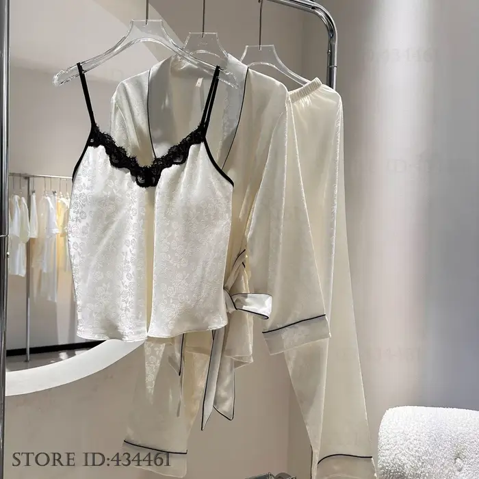 Pyjama français élégant, ensemble 3 pièces, Jacquard exquis, Cardigan à manches longues, pantalon Cami, vêtements de nuit pour printemps et été, vêtements de maison