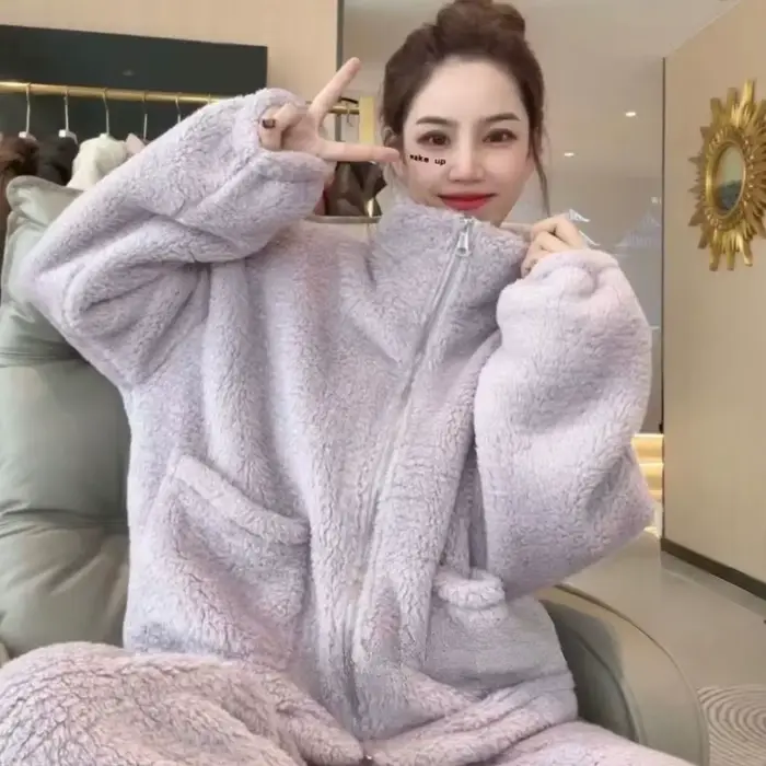 Ensemble pyjama chaud pour femmes, vêtements de nuit en molleton de corail, flanelle, Cardigan épais à fermeture éclair, costumes de maison décontractés, automne et hiver