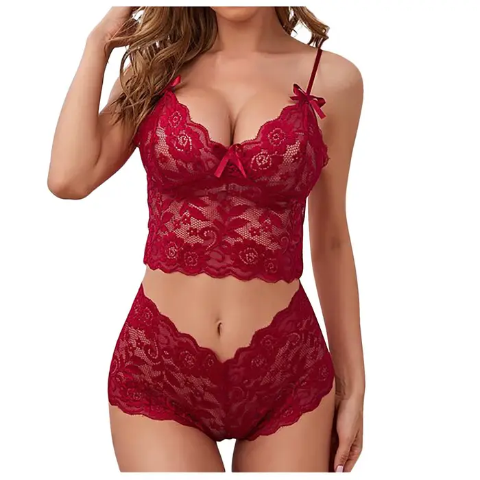 Ensemble de lingerie pour femmes, soutien-gorge sexy respirant en dentelle, ensemble de lingerie en dentelle à deux pièces pour femmes avec nœud, Ropa De Mujer