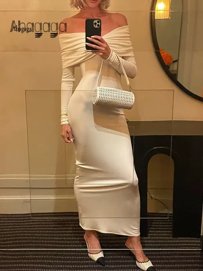 Ahagaga-Robe longue à plis solides pour femmes, mode, sexy, dos nu, manches longues, décontractée, s