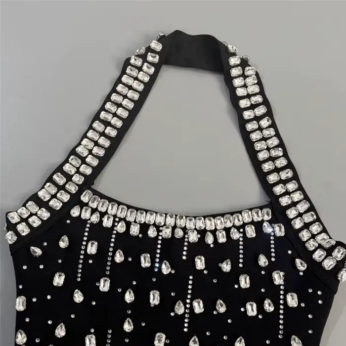 Robe de soirée mini pour femme, style halter, ornée de strass et de diamants, idéale pour les clubs 