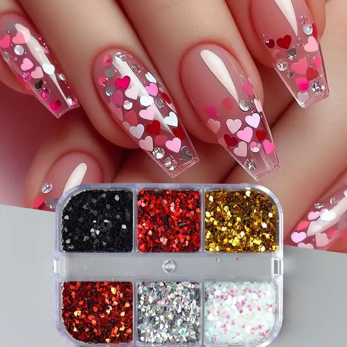 6 grilles Y2K mignon coeur paillettes ongles paillettes Kawaii Mini Laser doré argenté amour flocon 