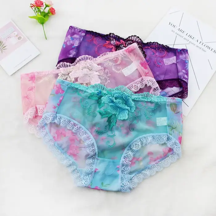 Dámské středně velké vyšívané květinové kalhotky, objednané průhledný krajkové kalhotky, sexy dámské slipy, spodní prádlo, 03/Wear