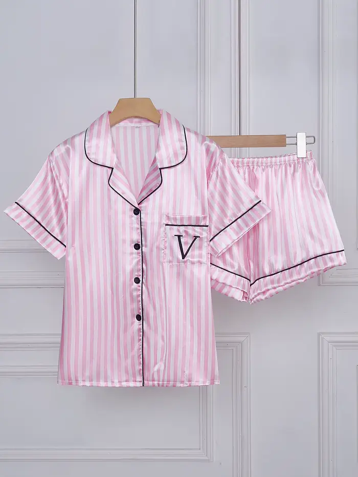 Ensemble pyjama à manches courtes et short avec poche lettre brodée rayée, vêtements de nuit décontr