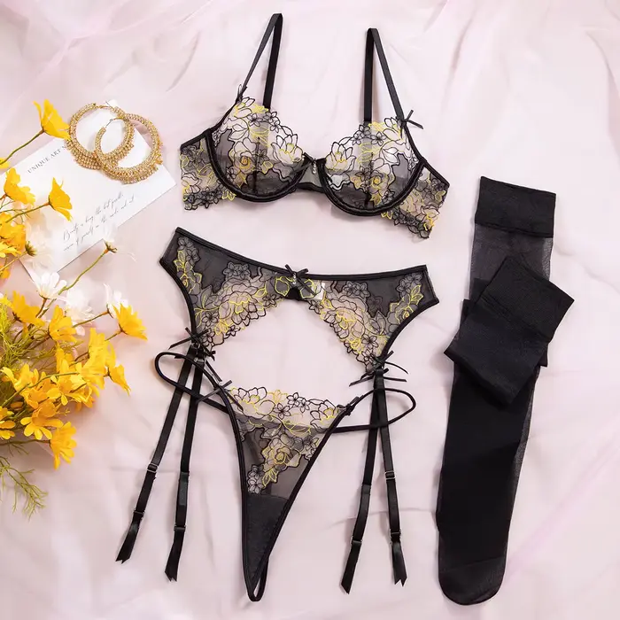 Ensemble de lingerie sexy et luxueux en dentelle 4 pièces avec broderie florale, soutien-gorge sexy,