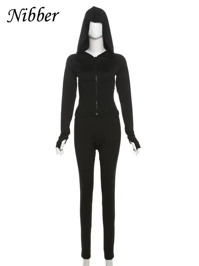 Nibber Sportif Casual 2 Pièce Ensemble Femmes Survêtement À Capuchon Zip Crop Tops + Leggings Fitnes