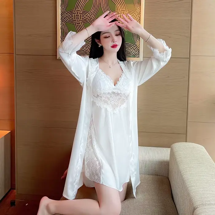 Dámské saténové kimono set, 2 kusy, sexy ležérní noční košile, domácí oblečení, krajka intimní prádlo, župan