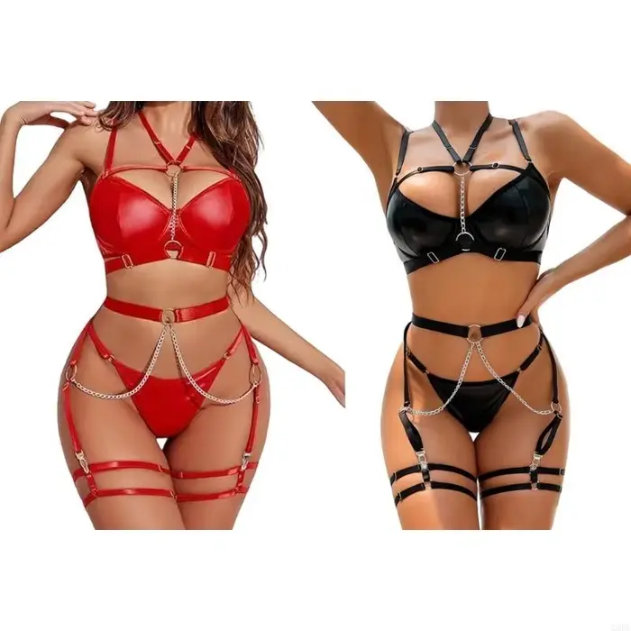 Ensemble de lingerie pour femme 3 pièces : Lingerie à jarretelles avec soutien-gorge push-up à armatures et culotte à lanières avec chaîne