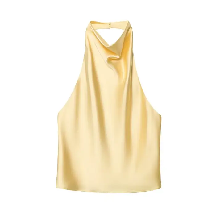Dámský halter top 2026 – Saténový top s odhalenými zády v černé barvě