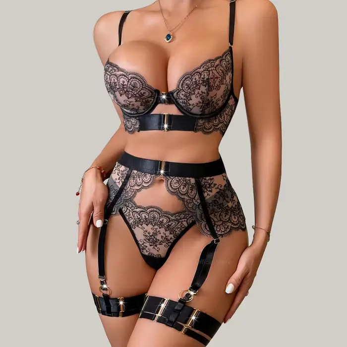 Nový erotický průhledný vyšívaný set pro ženy Sexy krajka s řasami tvarovací korzet Lingerie čtyřdílný set