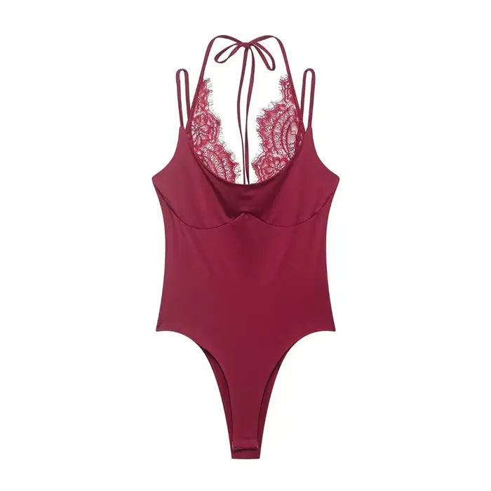 2026 Body moulant rose sexy pour femme, style streetwear, sans manches, en dentelle patchwork, pour