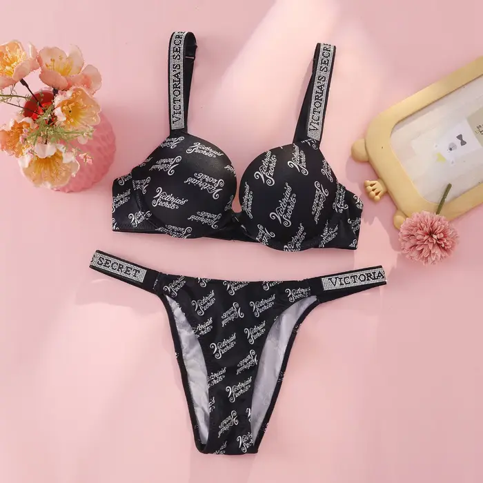Dámská push-up podprsenka a kalhotky Victoria's Secret, ramínko s logem drahokamu, sexy krajkové spodní prádlo