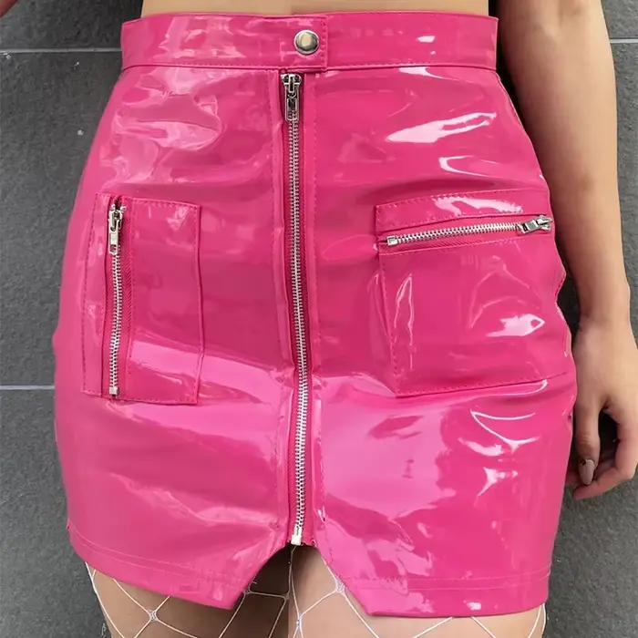 Mini jupe courte en cuir verni brillant pour femmes fermeture éclair fendue Faux Latex Sexy rose noi