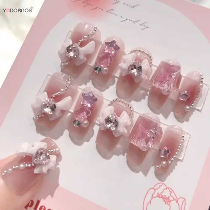 Blush rose faux ongles nœud papillon diamant perle conception 3D presse sur les pointes d'ongles ave