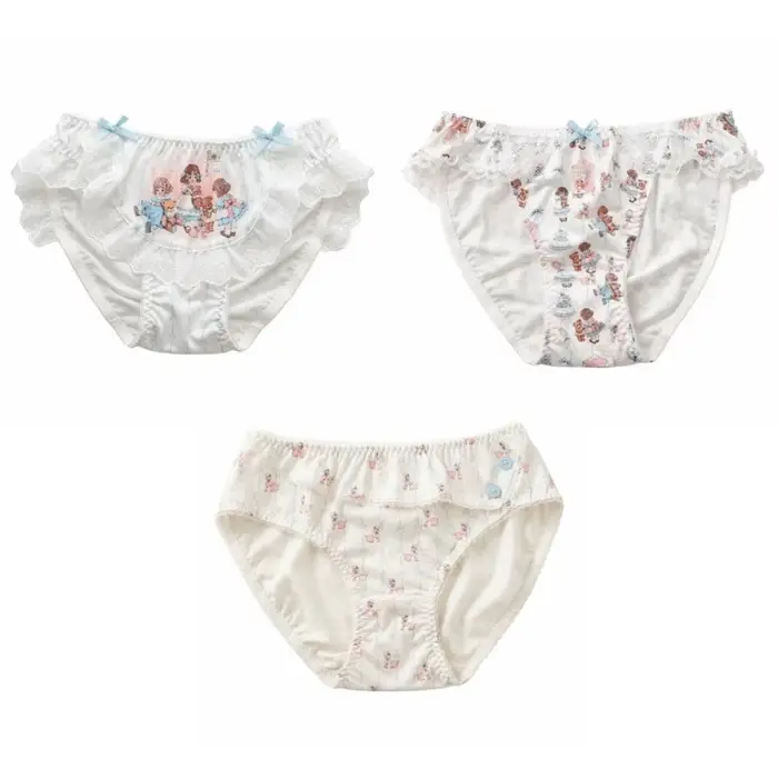 Culottes pour femmes en fibre de lait, taille basse, style Kawaii Lolita, avec nœud, imprimé poupée, dentelle et volants mignons