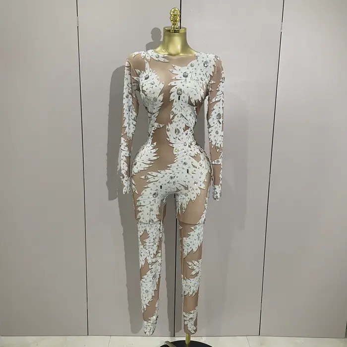 Body s dlouhým rukávem pro ženy, sexy, vysoká elasticita, zdobené krystaly, pro noční taneční show a jevištní oblečení