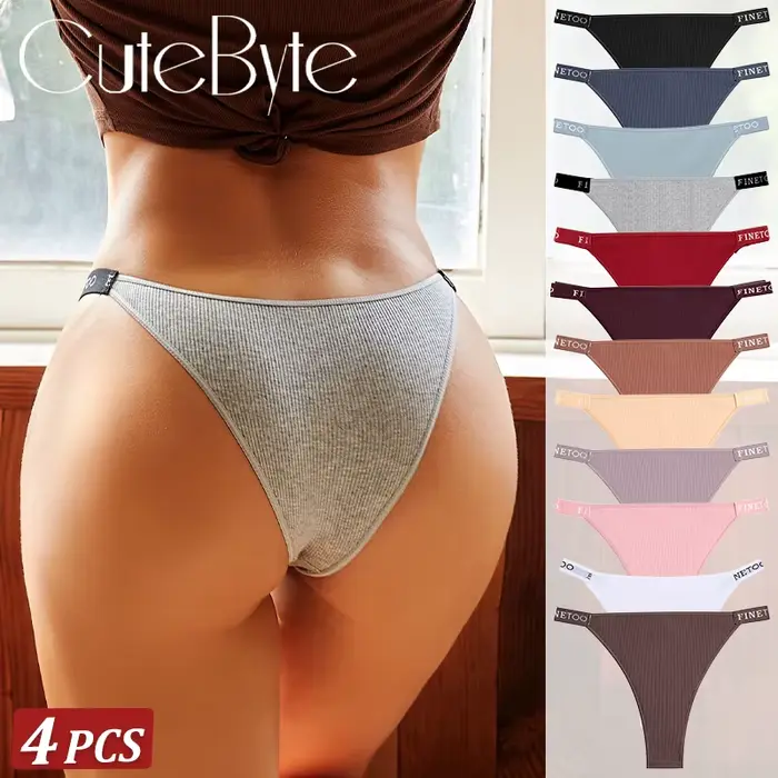 4 pièces/ensemble femmes coton culottes Sexy caleçons taille basse femme slips Finetoo lettres string couleur unie Lingerie intime M-XL