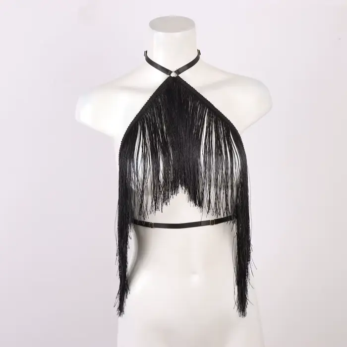Haut licou à pampilles noires pour femmes, harnais élastique réglable, vêtements toutes saisons, hau